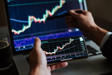 Yatırım borsacısı risk analizi. Telefon uygulaması ve dizüstü bilgisayar kullanarak mali analiz. Piyasa ticareti karı.