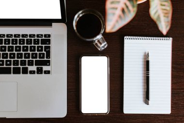 Ofis işyeri. Laptop, kahve fincanı bitkisi ve ahşap masa üzerinde kalem. Tasarım sunumu ya da portföy için. Tüm aygıtlar tam odaklı.