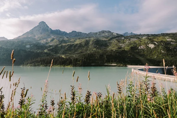 reservoir lake with mountains epic landscape. Austria mountains Stausee