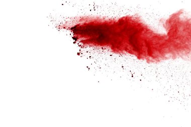 Beyaz arka planda kırmızı toz patlaması. Renkli bulut. Renkli toz patlar. Boya Holi.