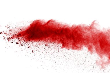 Beyaz arka planda kırmızı toz patlaması. Renkli bulut. Renkli toz patlar. Boya Holi.