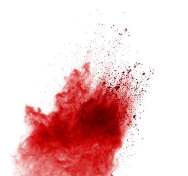 Beyaz arka planda kırmızı toz patlaması. Renkli bulut. Renkli toz patlar. Boya Holi.