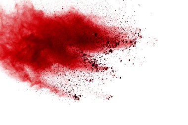 Beyaz arka planda kırmızı toz patlaması. Renkli bulut. Renkli toz patlar. Boya Holi.