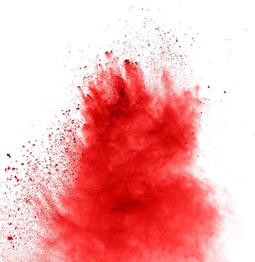 Beyaz arka planda kırmızı toz patlaması. Renkli bulut. Renkli toz patlar. Boya Holi.