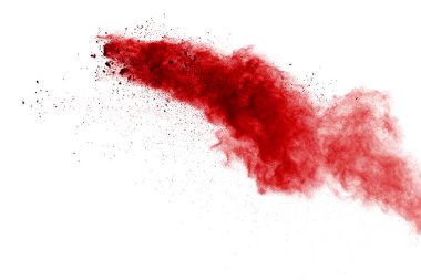 Beyaz arka planda kırmızı toz patlaması. Renkli bulut. Renkli toz patlar. Boya Holi.