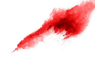 Beyaz arka planda kırmızı toz patlaması. Renkli bulut. Renkli toz patlar. Boya Holi.