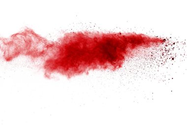 Beyaz arka planda kırmızı toz patlaması. Renkli bulut. Renkli toz patlar. Boya Holi.