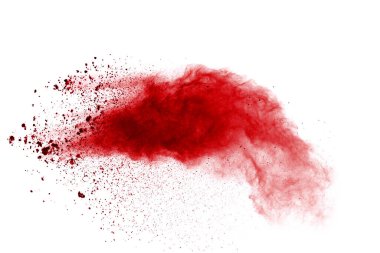 Beyaz arka planda kırmızı toz patlaması. Renkli bulut. Renkli toz patlar. Boya Holi.
