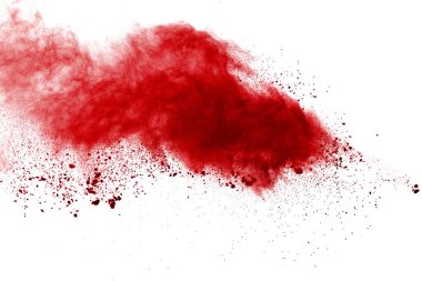 Beyaz arka planda kırmızı toz patlaması. Renkli bulut. Renkli toz patlar. Boya Holi.