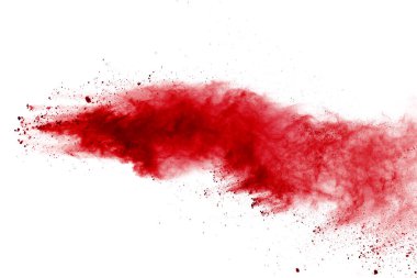 Beyaz arka planda kırmızı toz patlaması. Renkli bulut. Renkli toz patlar. Boya Holi.
