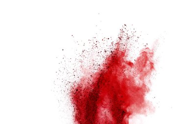 Beyaz arka planda kırmızı toz patlaması. Renkli bulut. Renkli toz patlar. Boya Holi.