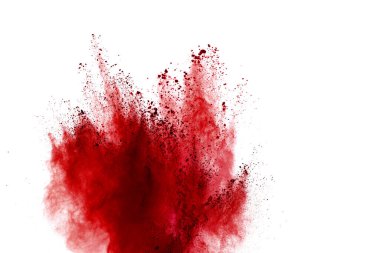 Beyaz arka planda kırmızı toz patlaması. Renkli bulut. Renkli toz patlar. Boya Holi.