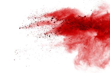 Beyaz arka planda kırmızı toz patlaması. Renkli bulut. Renkli toz patlar. Boya Holi.