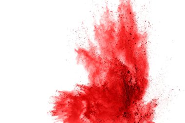 Beyaz arka planda kırmızı toz patlaması. Renkli bulut. Renkli toz patlar. Boya Holi.