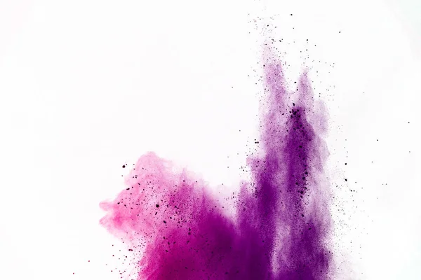 彩色粉末在白色背景上的爆炸 紫色和粉色尘埃飞溅 — 图库照片