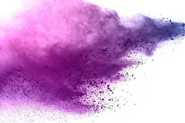 Beyaz arka planda renkli toz patlaması. Mor ve pembe toz sıçraması..