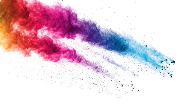 Buntes Pulver Explosion Auf Weißem Hintergrund Pastell Farbe Staubpartikel Spritzen — Stockfoto