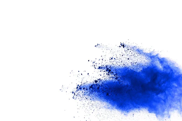 Abstract Blauwe Poeder Explosie Witte Achtergrond Close Van Blauwe Stofdeeltjes — Stockfoto