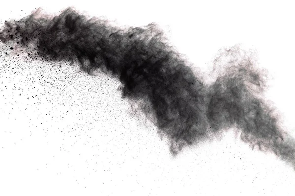 Black Powder Explosion Closeup Black Dust Particles Explode Isolated White — Stock Photo, Image