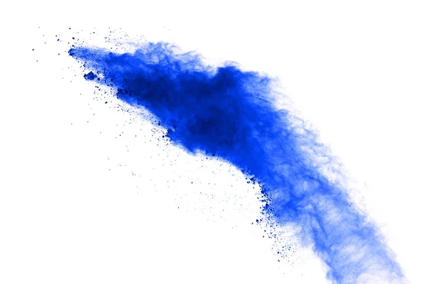 Abstract Blauwe Poeder Explosie Witte Achtergrond Close Van Blauwe Stofdeeltjes — Stockfoto