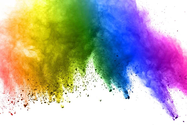 Buntes Pulver Explosion Auf Weißem Hintergrund Pastell Farbe Staubpartikel Spritzen — Stockfoto