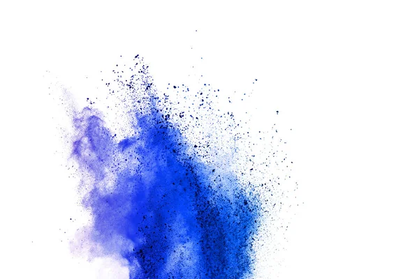 Abstraktes Blaues Pulver Explodiert Auf Weißem Hintergrund Großaufnahme Blauer Staubpartikel — Stockfoto