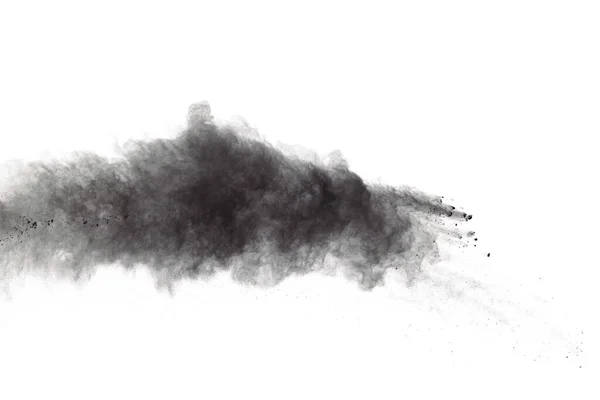 Schwarzpulver Explodiert Nahaufnahme Schwarzer Staubpartikel Explodiert Isoliert Auf Weißem Hintergrund — Stockfoto