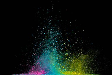 Renkli barut patlaması. Arka planda soyut yakın çekim tozu. Renkli bir patlama. Boya evi.