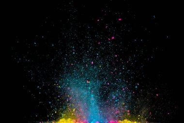 Renkli barut patlaması. Arka planda soyut yakın çekim tozu. Renkli bir patlama. Boya evi.
