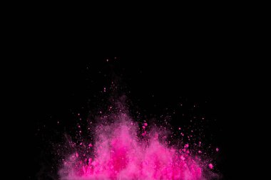 Siyah arka planda pembe toz patlaması. Renkli bulut. Renkli toz patlar. Boya Holi.