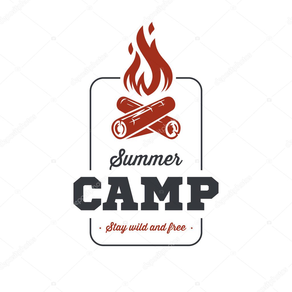 Camp logo with campfire. Stay wild and free. Vector illustration.