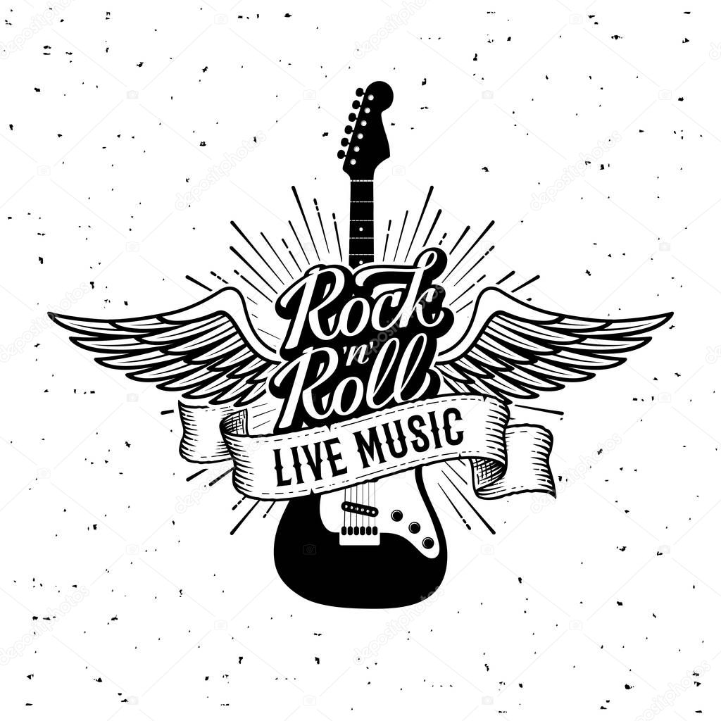 Hand drawn Rock festival poster. Rock and Roll Lettering with guitar, wings and ribbon live music . Slogan graphic for t shirt or tattoo. Vector illustration