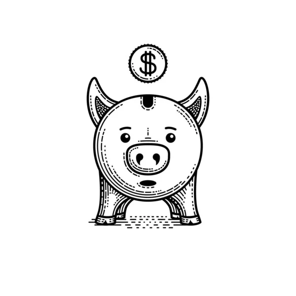 Piggy bank graveren zwart wit vector illustratie — Stockvector