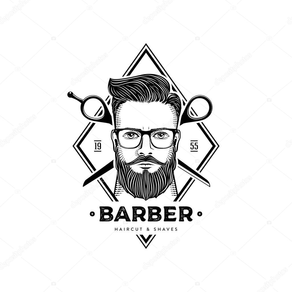 Barber with scissors rhombus white vector illustration