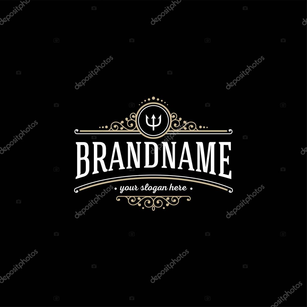 Vintage Emblem. Calligraphic logotype template with trident. Sign for Restaurant, Royalty, Jewelry, Boutique, Cafe, Hotel Heraldic Vector illustration
