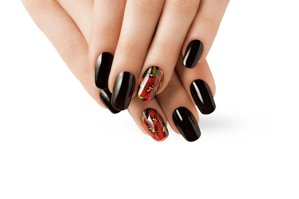 Mani femminili con unghie nere rosse . Immagine Stock