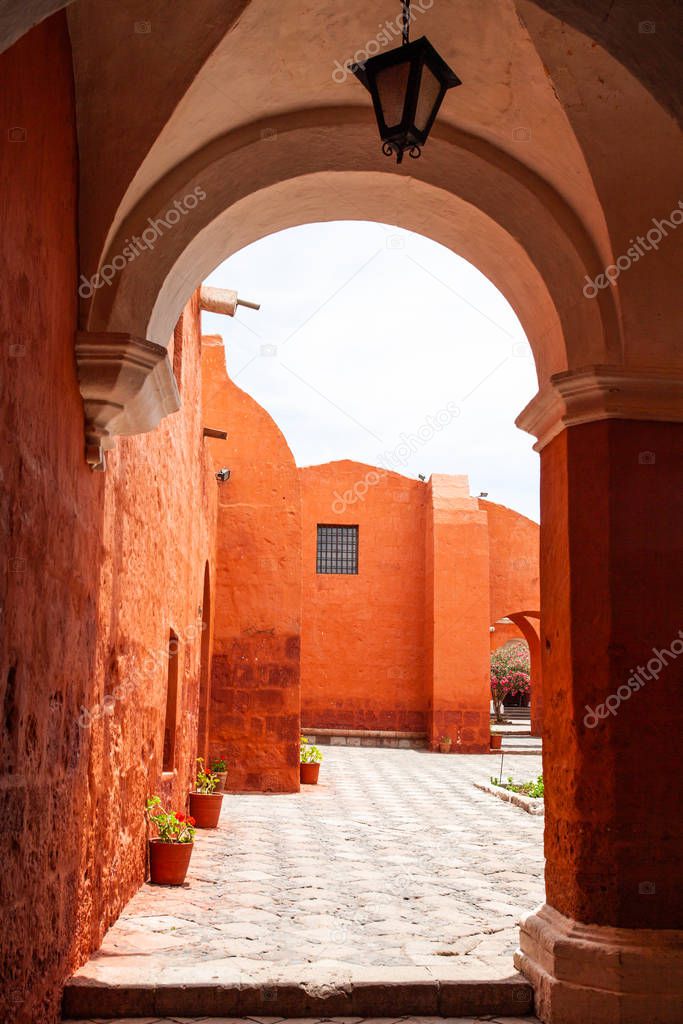 View from the arch to the courtyard in the monastery Saint Catalina, Arequipa, Peru