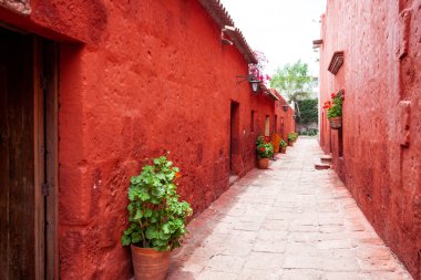 Internal streets in the monastery of Santa Catalina, Arequipa, Peru, old terracotta walls, entrance doors to the cells.