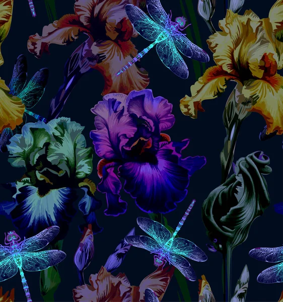 잠자리 하 고 꽃입니다. 완벽 한 패턴입니다. 진한 파란색 배경입니다. 여름 밤. — 스톡 벡터