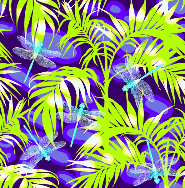Libellule et feuilles. Modèle sans couture. Fond bleu foncé. Rivière d'été . — Image vectorielle