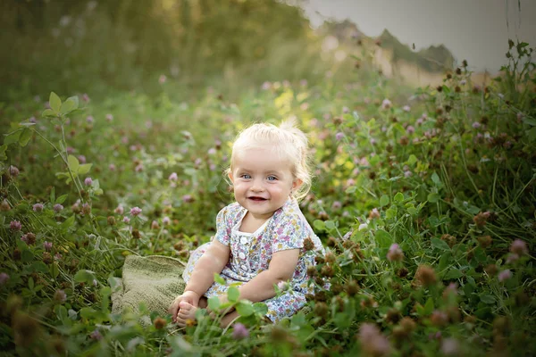 Mała Dziewczynka Odkryty Polu Koniczyny Szczęśliwy Uśmiechający Się Gra — Zdjęcie stockowe