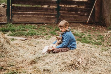 Eski usul eski moda çiftlik kızı ve tavuk yavrusu.