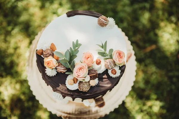 Casamento Elegante Branco Aniversário Celebração Sobremesa Creme Bolo — Fotografia de Stock