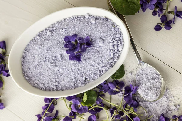 viola violeta sweet lilac sugar crystals for decorating cakes baking, close up of fresh blossom flowers viola violetta odorata tea with viola sirup viola lilac sugar crystals