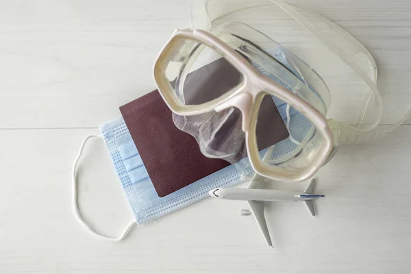 covid 19 holiday fligh travel ban concept detail of face protection mask and passport