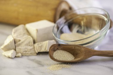 Beyaz bir mutfak zemininde ahşap oklamalı kuru ve taze bir maya.