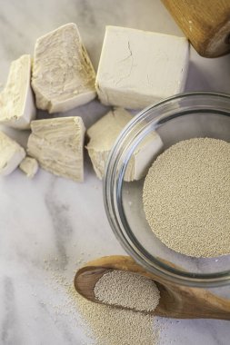 Beyaz bir mutfak zemininde ahşap oklamalı kuru ve taze bir maya.