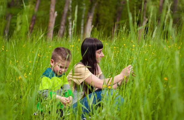 少年と緑の草の母 — ストック写真