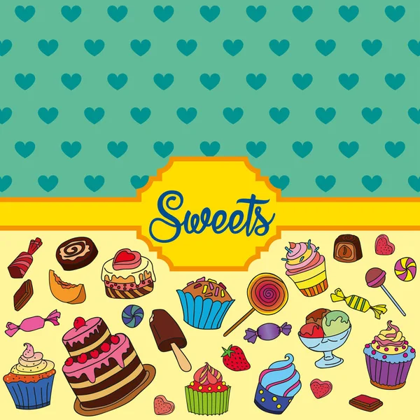 Conjunto vectorial de diferentes dulces. Fondo de dulces — Archivo Imágenes Vectoriales