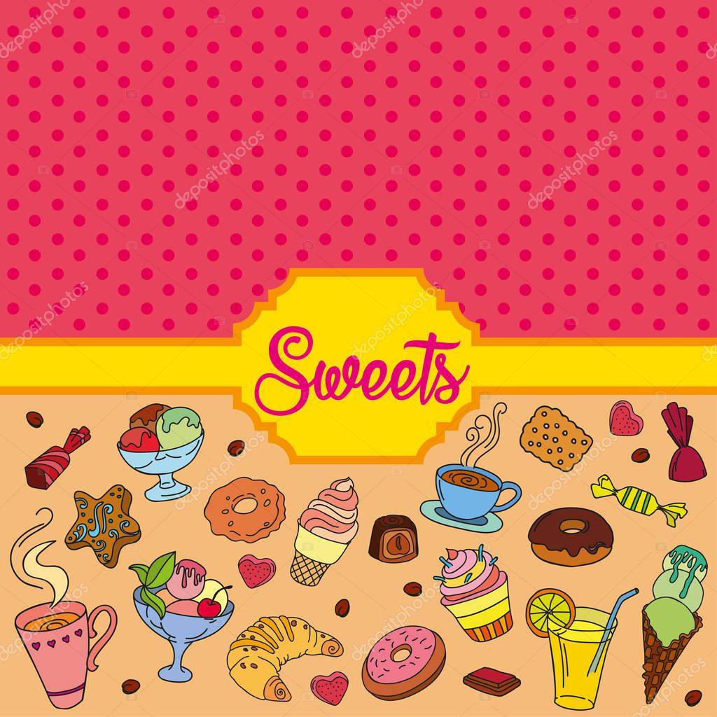 Vector set of different sweets. Colorful background with sweets. Perfect for printing on fabric or paper.